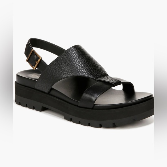 Vionic Shoes - Vionic Black Textured Leather Platform Toe-Ring Slingback Sandals